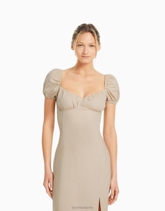 Sand Bershka Frauen kurzärmliges Midikleid H00J219