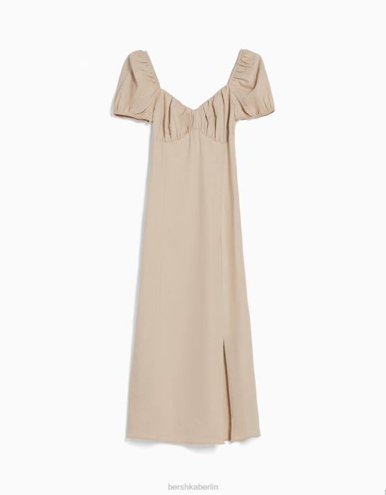 Sand Bershka Frauen kurzärmliges Midikleid H00J219