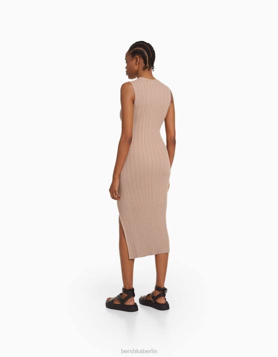 Sand Bershka Frauen ärmelloses Strick-Midikleid H00J220