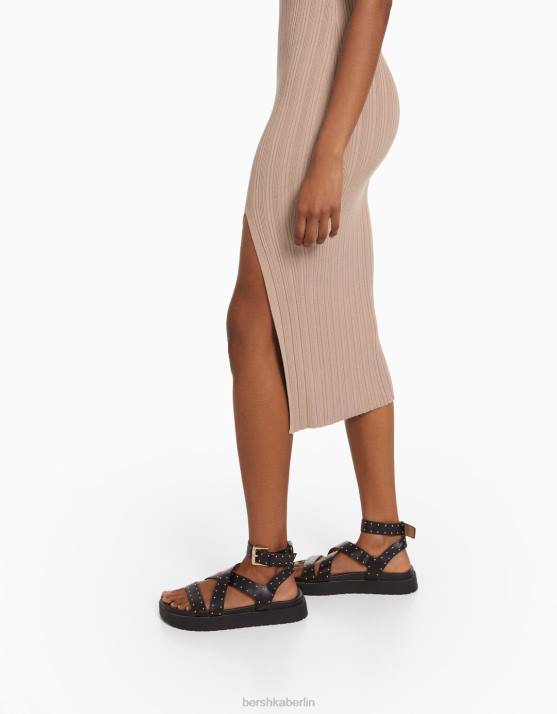 Sand Bershka Frauen ärmelloses Strick-Midikleid H00J220