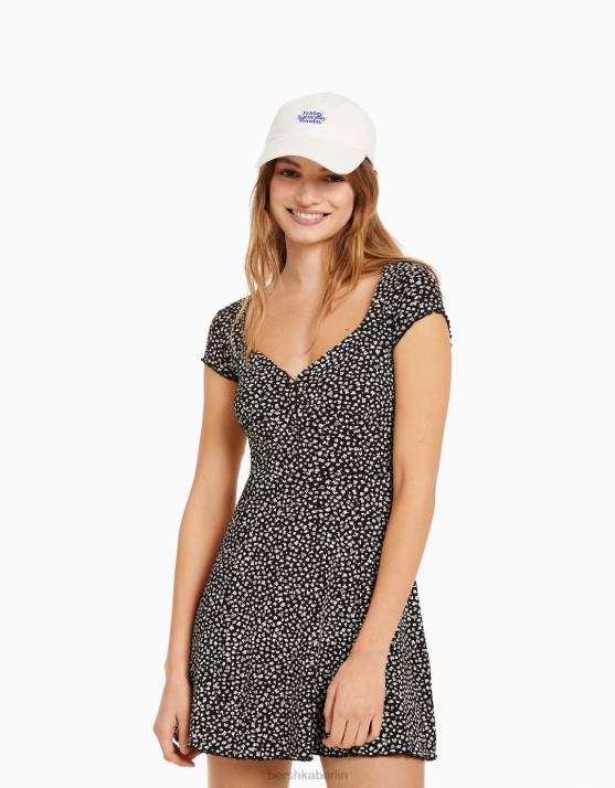 Schwarz Bershka Frauen Bedrucktes, kurzärmliges Minikleid mit herzförmigem Ausschnitt H00J273