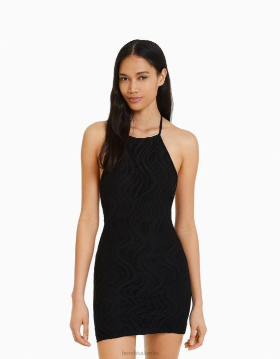 Schwarz Bershka Frauen Gehäkeltes Neckholder-Minikleid H00J201