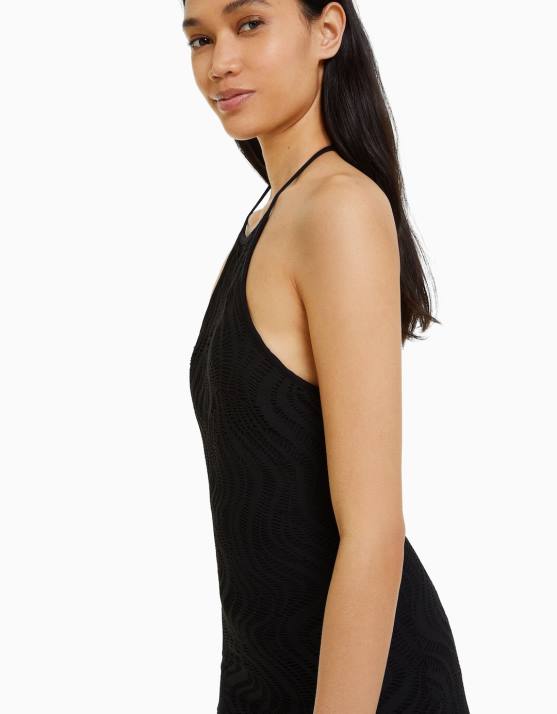 Schwarz Bershka Frauen Gehäkeltes Neckholder-Minikleid H00J201