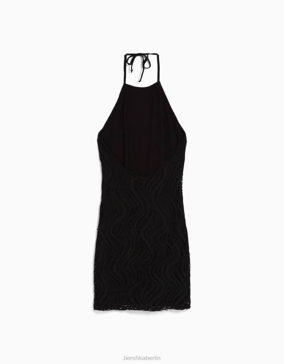 Schwarz Bershka Frauen Gehäkeltes Neckholder-Minikleid H00J201
