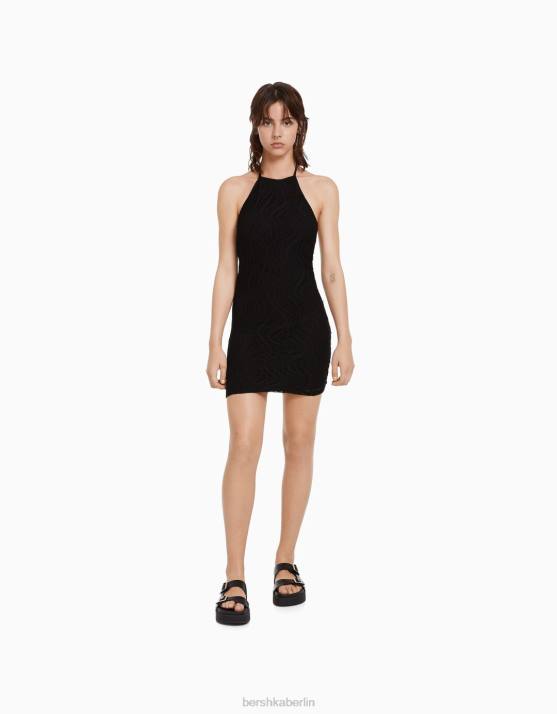 Schwarz Bershka Frauen Gehäkeltes Neckholder-Minikleid H00J4100