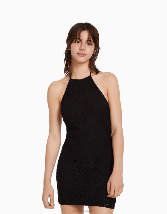Schwarz Bershka Frauen Gehäkeltes Neckholder-Minikleid H00J4100
