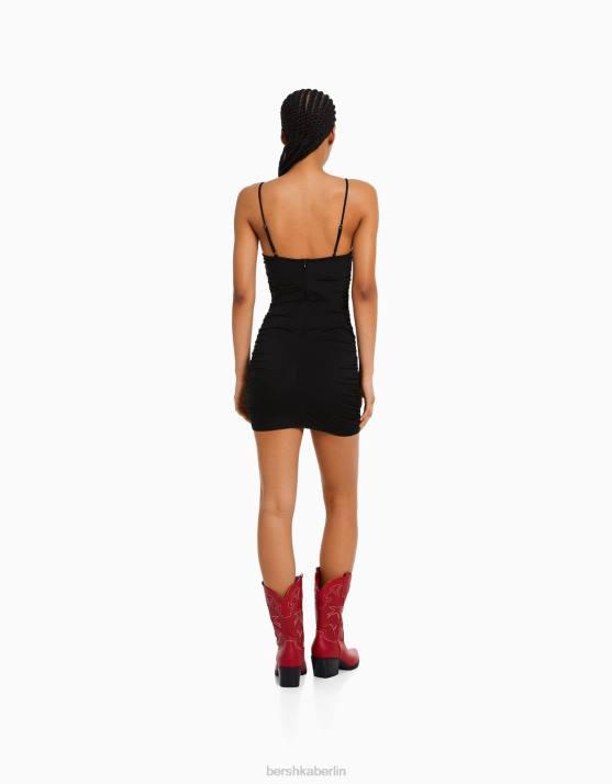 Schwarz Bershka Frauen Gerafftes Kleid mit Ausschnittdetail H00J148