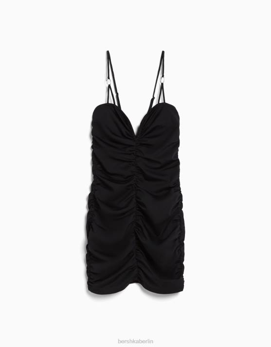 Schwarz Bershka Frauen Gerafftes Kleid mit Ausschnittdetail H00J148