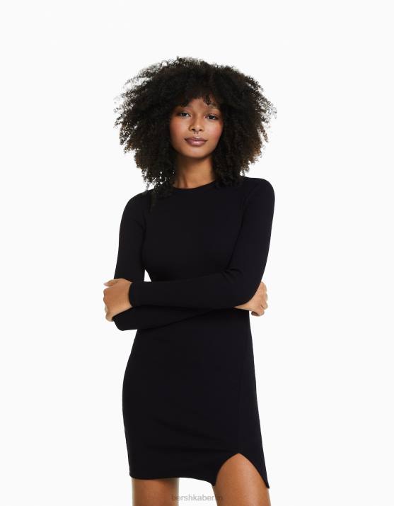 Schwarz Bershka Frauen Geripptes Minikleid mit langen Ärmeln H00J234