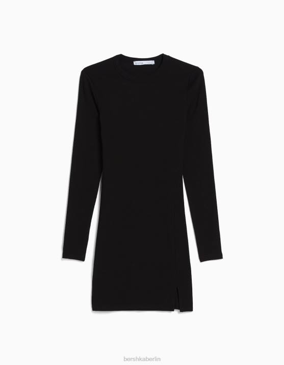Schwarz Bershka Frauen Geripptes Minikleid mit langen Ärmeln H00J237