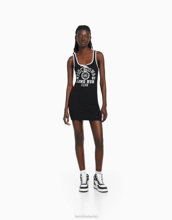 Schwarz Bershka Frauen Geripptes, bedrucktes Minikleid mit Trägern H00J278
