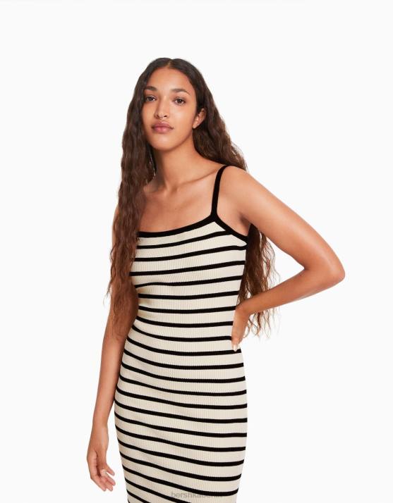 Schwarz Bershka Frauen Gestreiftes Midikleid mit Trägern H00J212