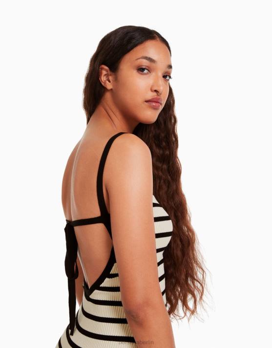 Schwarz Bershka Frauen Gestreiftes Midikleid mit Trägern H00J212