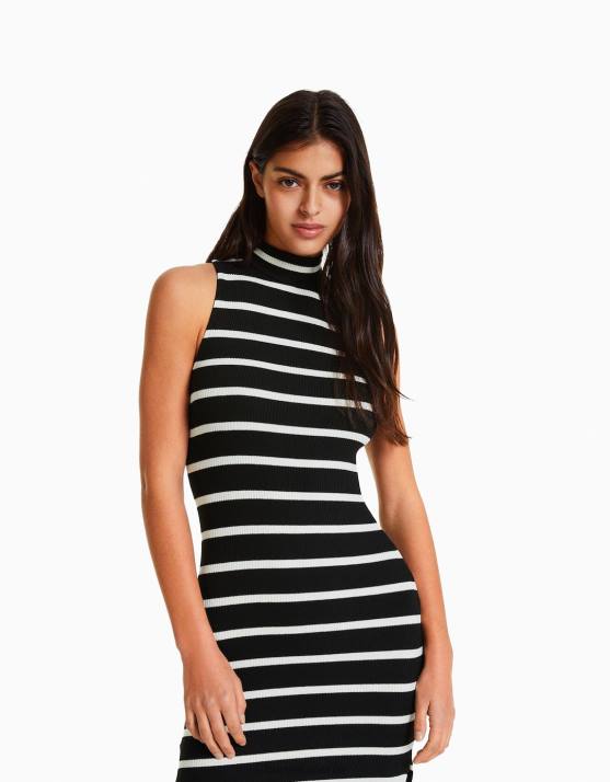 Schwarz Bershka Frauen Gestreiftes ärmelloses Midikleid H00J249