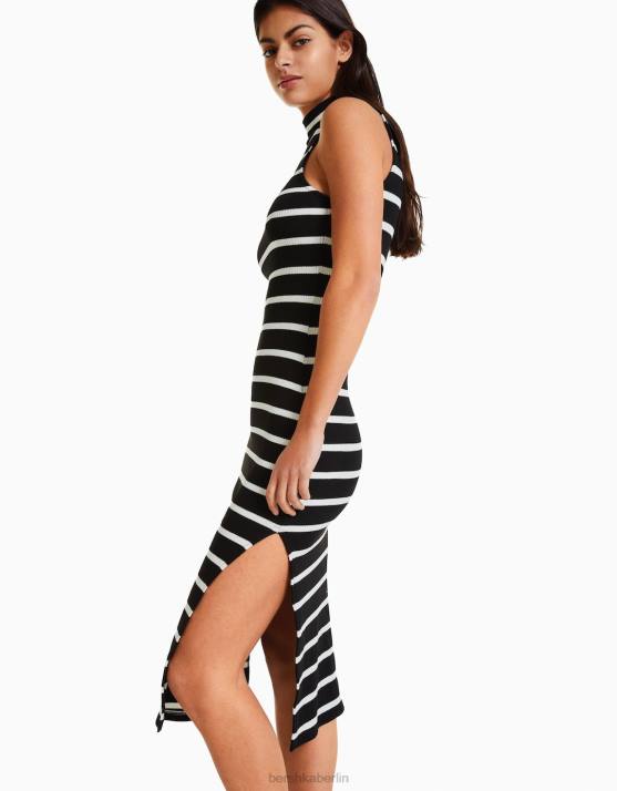 Schwarz Bershka Frauen Gestreiftes ärmelloses Midikleid H00J249