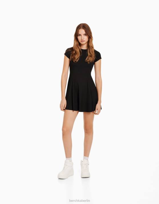 Schwarz Bershka Frauen Kurzärmliges Mini-Skaterkleid H00J4106