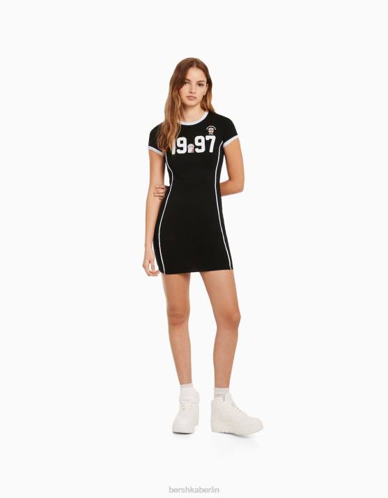 Schwarz Bershka Frauen Kurzärmliges bedrucktes Minikleid H00J283