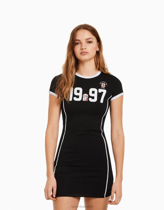 Schwarz Bershka Frauen Kurzärmliges bedrucktes Minikleid H00J283