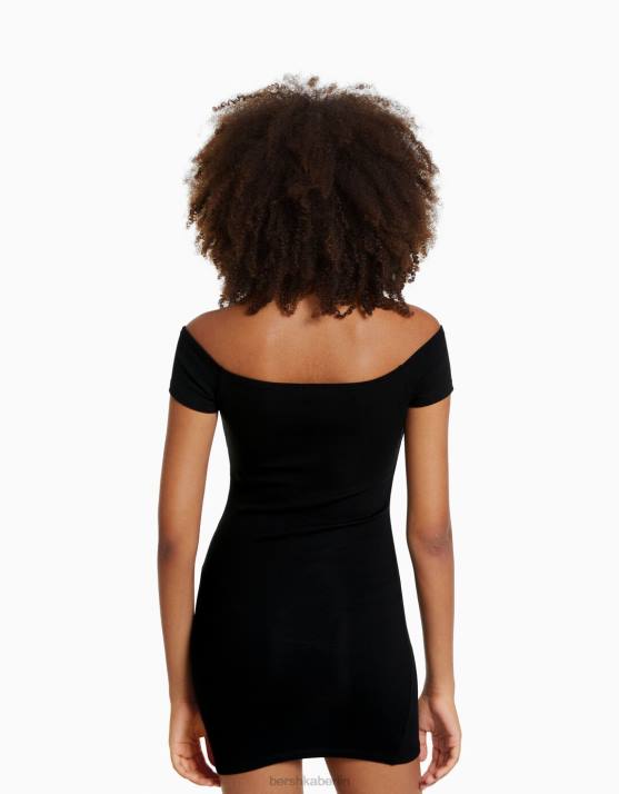 Schwarz Bershka Frauen Kurzärmliges, schulterfreies Minikleid H00J203