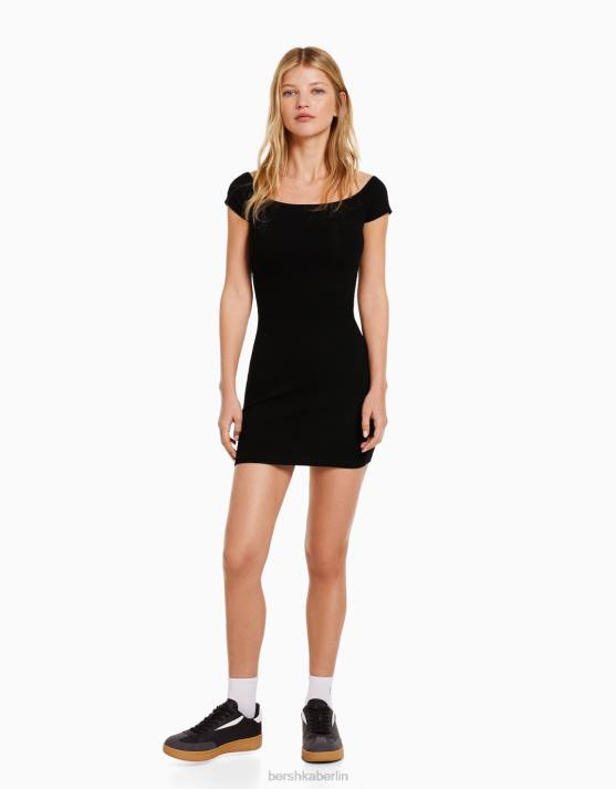 Schwarz Bershka Frauen Kurzärmliges, schulterfreies Minikleid H00J206