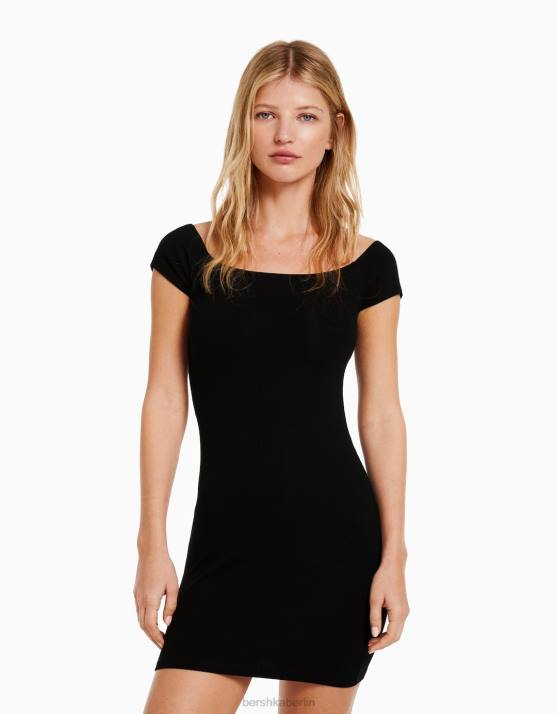 Schwarz Bershka Frauen Kurzärmliges, schulterfreies Minikleid H00J206