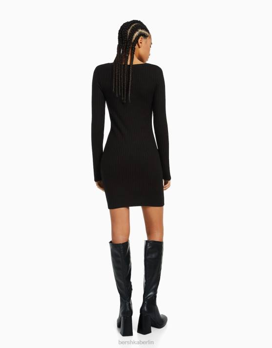 Schwarz Bershka Frauen Langärmliges, geripptes Minikleid H00J284
