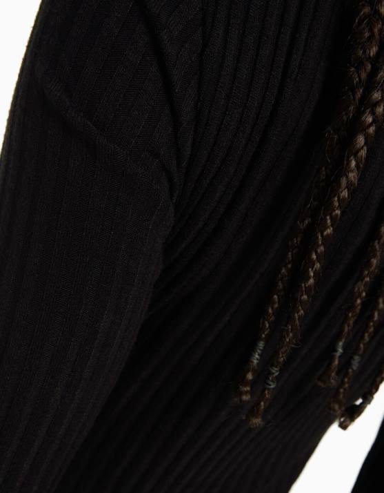 Schwarz Bershka Frauen Langärmliges, geripptes Minikleid H00J284