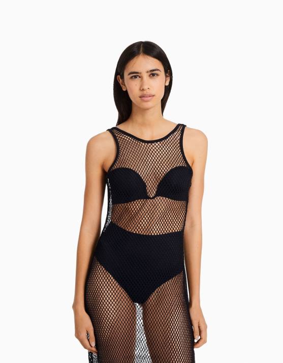 Schwarz Bershka Frauen Langes Netzkleid mit Trägern H00J137