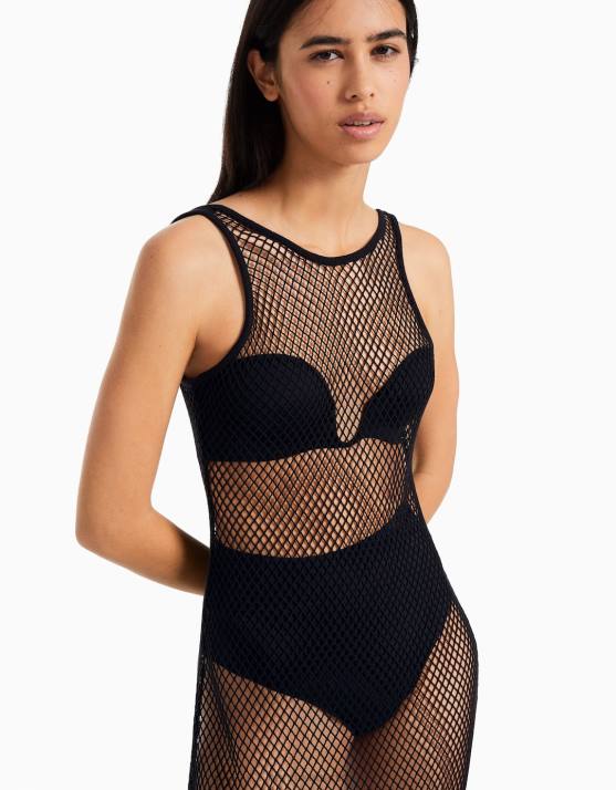 Schwarz Bershka Frauen Langes Netzkleid mit Trägern H00J137