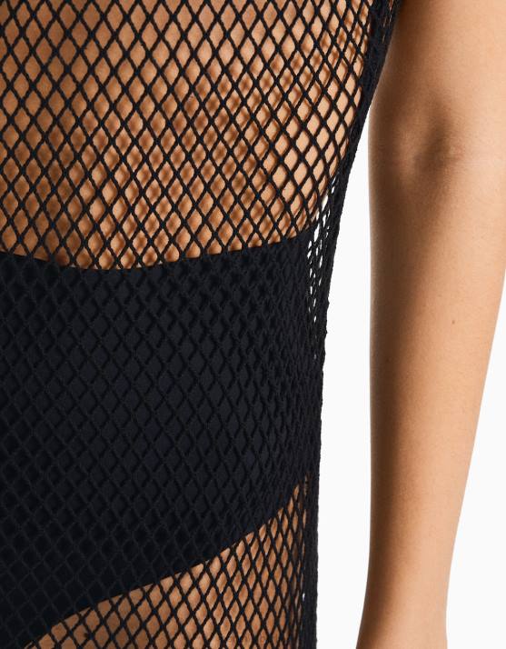 Schwarz Bershka Frauen Langes Netzkleid mit Trägern H00J137