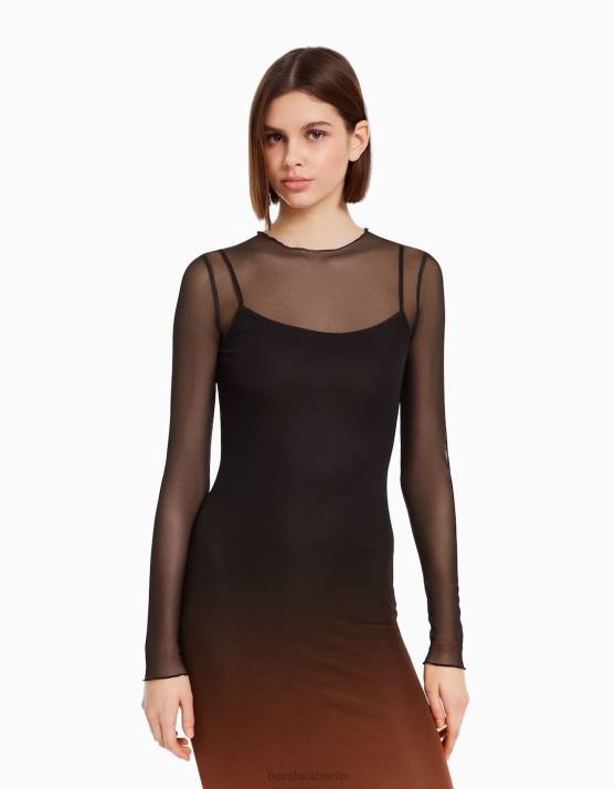 Schwarz Bershka Frauen Langes Tüllkleid mit langen Ärmeln und Aufdruck H00J252