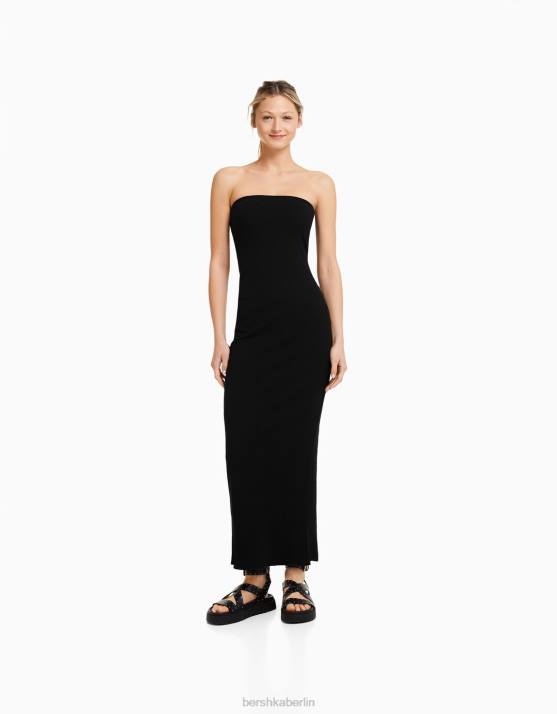 Schwarz Bershka Frauen Langes, geripptes Bandeau-Kleid H00J48
