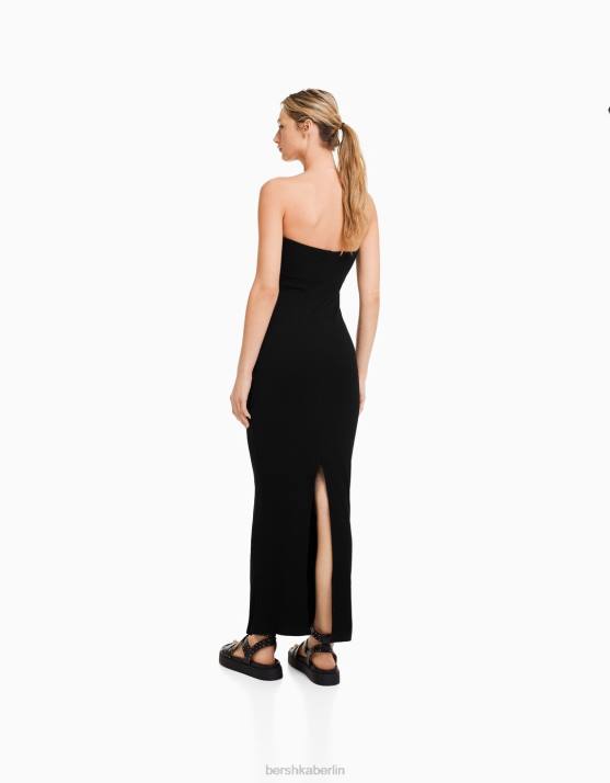 Schwarz Bershka Frauen Langes, geripptes Bandeau-Kleid H00J48