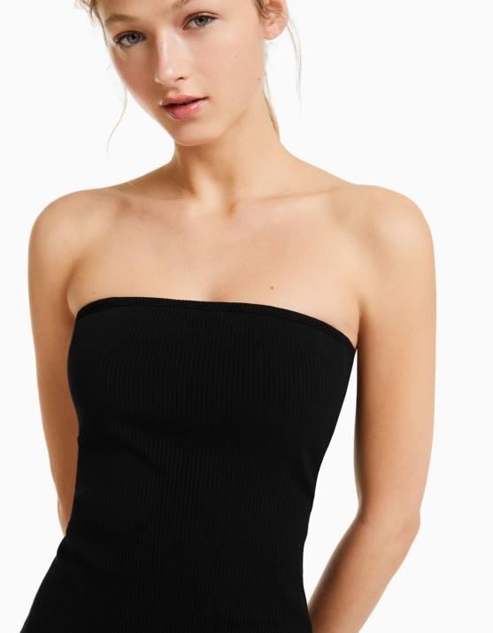 Schwarz Bershka Frauen Langes, geripptes Bandeau-Kleid H00J48