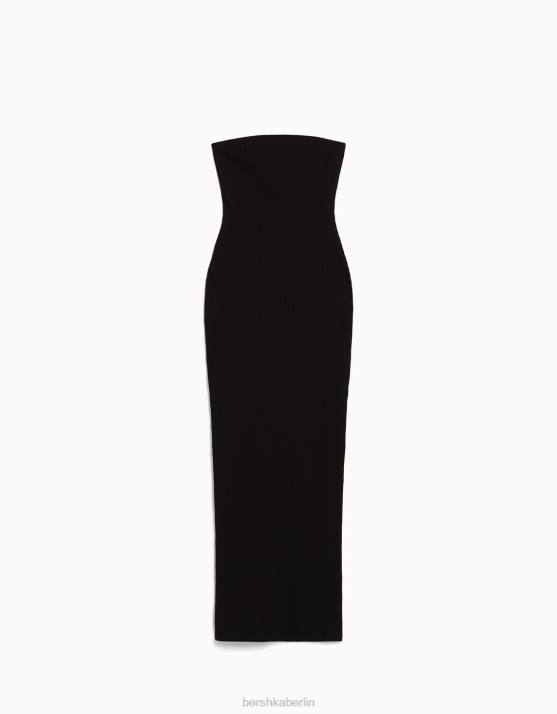 Schwarz Bershka Frauen Langes, geripptes Bandeau-Kleid H00J48
