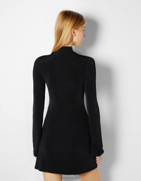 Schwarz Bershka Frauen Langes, hochgeschlossenes Minikleid mit Glockenärmeln H00J282