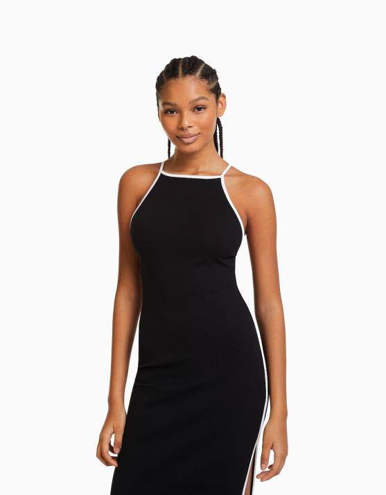 Schwarz Bershka Frauen Midikleid mit kontrastierenden Trägern H00J192