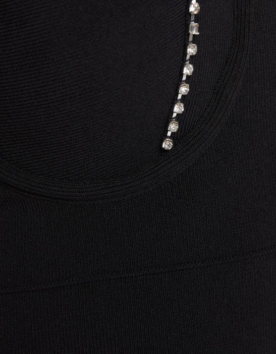 Schwarz Bershka Frauen Mini-Trägerstrickkleid mit Strasssteinen H00J129