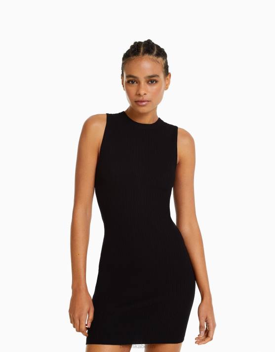 Schwarz Bershka Frauen Minikleid aus Rippstrick H00J243