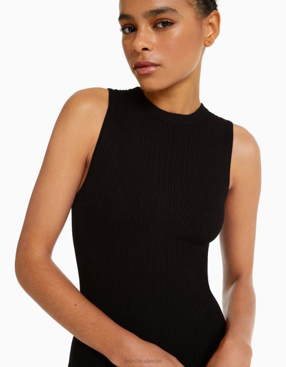 Schwarz Bershka Frauen Minikleid aus Rippstrick H00J243
