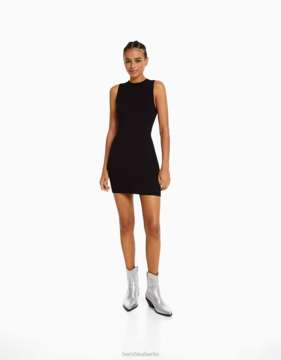 Schwarz Bershka Frauen Minikleid aus Rippstrick H00J243