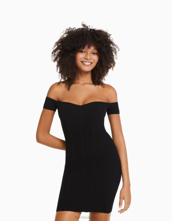 Schwarz Bershka Frauen Minikleid mit Korsett-Ausschnitt H00J208