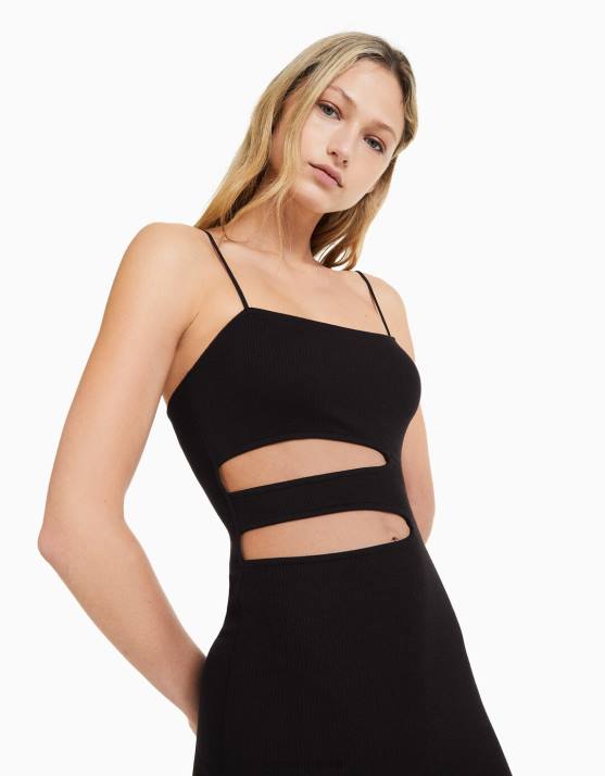 Schwarz Bershka Frauen Minikleid mit Trägern und Cut-out-Detail H00J228