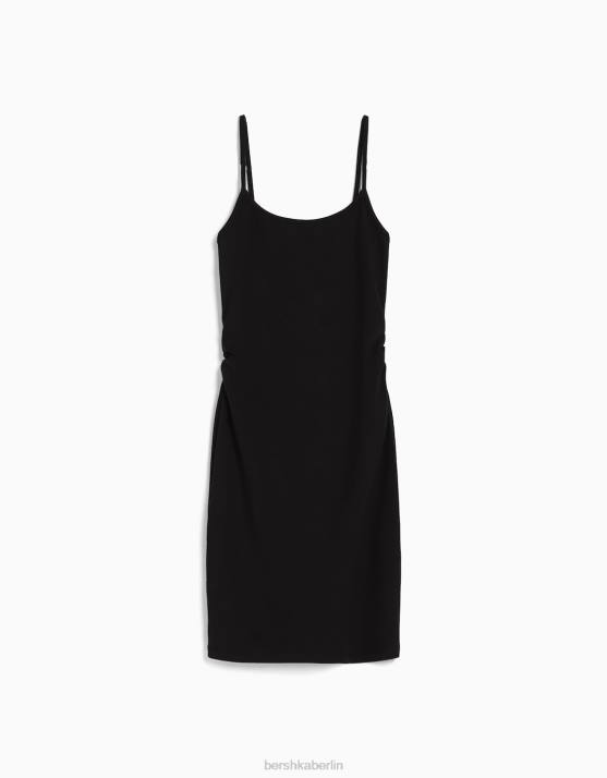 Schwarz Bershka Frauen Minikleid mit Trägern und geraffter Seite H00J4071