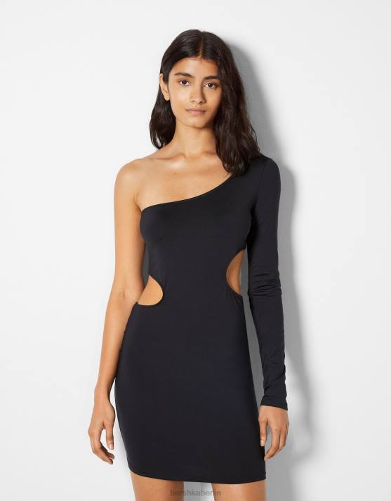 Schwarz Bershka Frauen Minikleid mit asymmetrischem Langarm und Cut-Outs H00J255