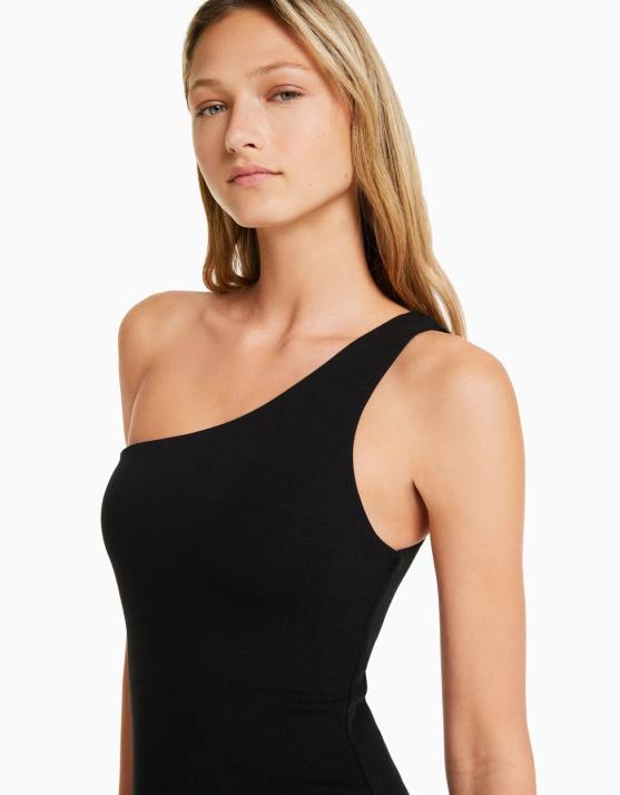 Schwarz Bershka Frauen Minikleid mit asymmetrischen Trägern H00J168
