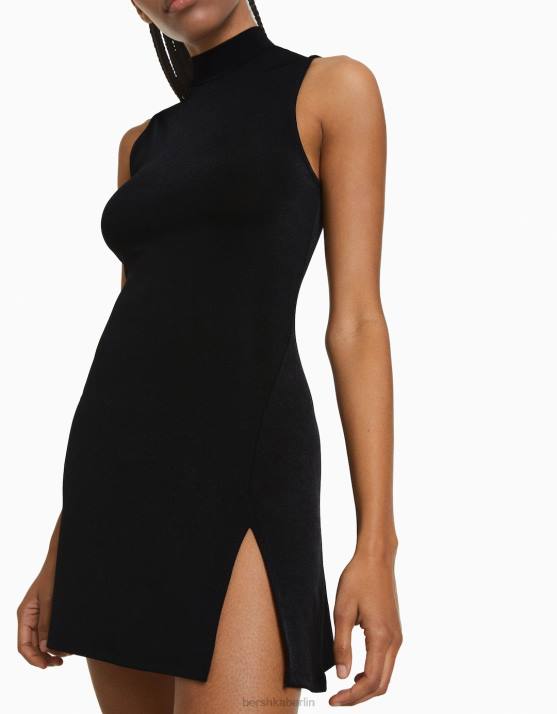 Schwarz Bershka Frauen Minikleid mit hohem Ausschnitt H00J198