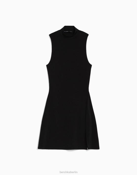 Schwarz Bershka Frauen Minikleid mit hohem Ausschnitt H00J198