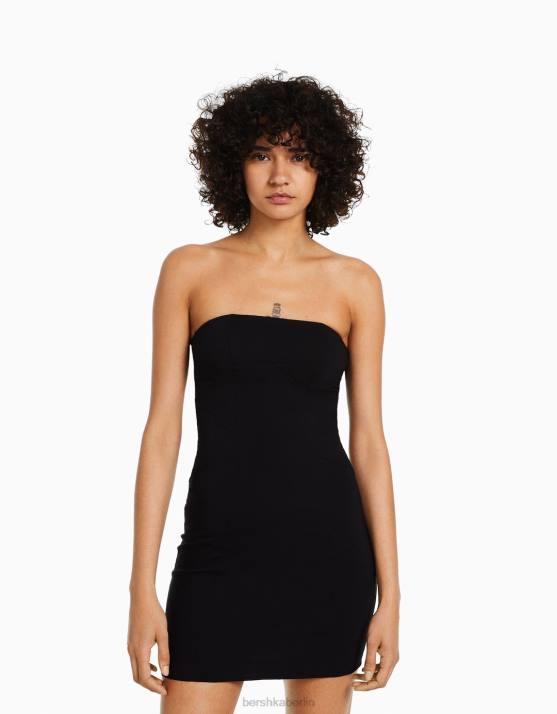 Schwarz Bershka Frauen Schulterfreies Minikleid mit Nähten H00J132