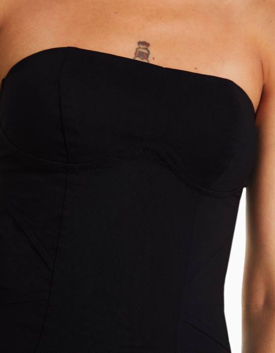 Schwarz Bershka Frauen Schulterfreies Minikleid mit Nähten H00J132